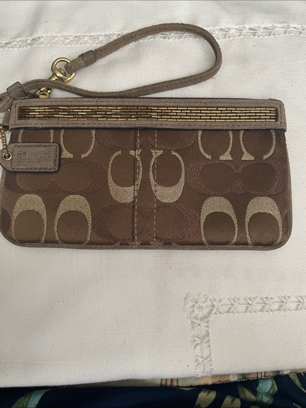 Coach Brown Signature Canvas Wristlet with Gold Trim With Hang Tag